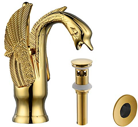 BWE Swan Faucet Gold Matching Pop Up Drain with Overflow Stopper Supply Line and Overflow Cover Single Handle Single Hole Bathroom Sink Faucet Lavatory Basin Vanity Mixer Tap