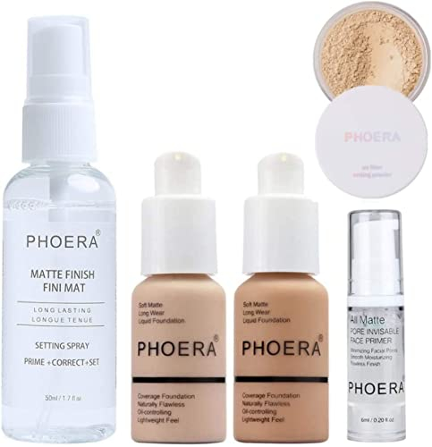 Phoera Cover Make Up Foundation Set - Enthält Nude & Buff Beige 30ml Matte Airbrush Foundation, 6ml Make Up Primer Gesicht, Cool Beige Setting Puder & 50ml Setting Spray für ein mattes Finish