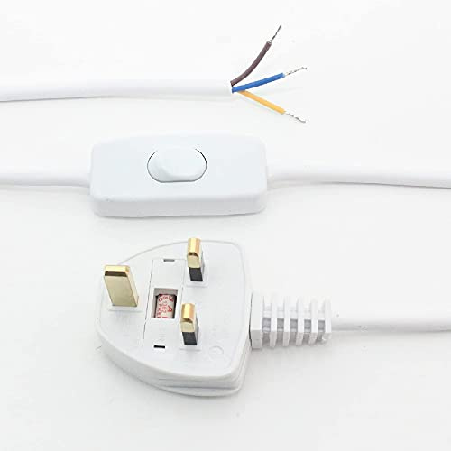 White 3 Core Pre Made Cable with Inline Rocker Switch | 2.5 Metre Total Length | 3A Fused Moulded 3 Pin Plug | UK Approved | Table & Floor Lighting
