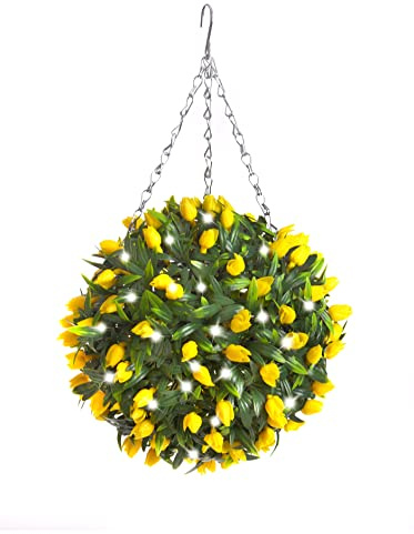 Best Artificial 28cm Pre Lit Tulip Topiary Ball with 30 Bright White LED Waterproof Battery Lights (Yellow)