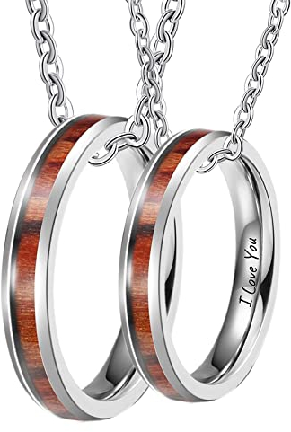 Epinki Partner Ketten Jungs Edelstahl mit Ring Anhänger Holz mit Gravur I Love You Partner Ketten Set Silber für Damen & Herren Breite 4MM - Herrenkette 60cm Damenkette 50cm
