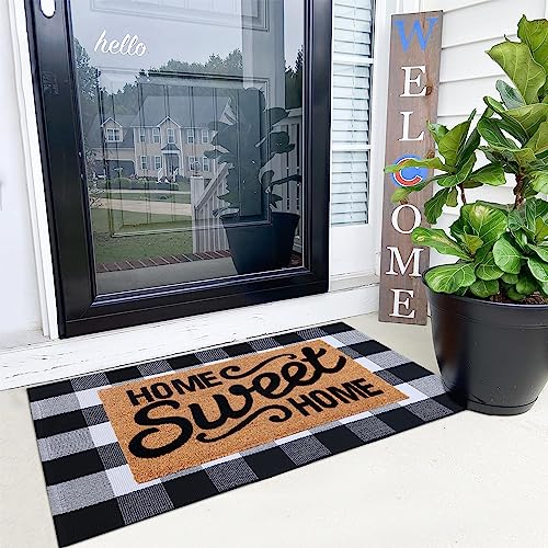 100 % Kokosfaser Willkommensmatte + 71 x 109 cm Buffalo Plaid Teppich Combo Set – Bauernhaus Veranda Eingang Herbst Dekor Bodenmatte Fußmatte Indoor Outdoor Frühlingsmatten Home Sweet Home
