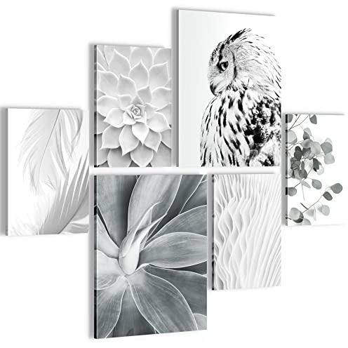 Novart- Tableau Décoration Murale- Set Boho Hibou- Decoration Chambre Salon- Prêt à être Accroché- 6 Cadres 30x40 & 20x30 cm- Blanc- N023863a