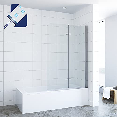 Badewannenaufsatz Faltwand Ecke Duschwand für Badewanne Duschtrennwand Duschabtrennung 100x140 cm 5 mm Nano Sicherheitsglas mit Hebe-Senkmechanismus Verstellbereich