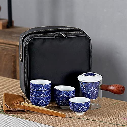 Juego de té portátil de porcelana azul y blanca taza de café de repuesto tetera y bolsa de viaje Adecuado para viajes, hogar, exterior y oficina (color: blanco) (azul) (azul) decoración