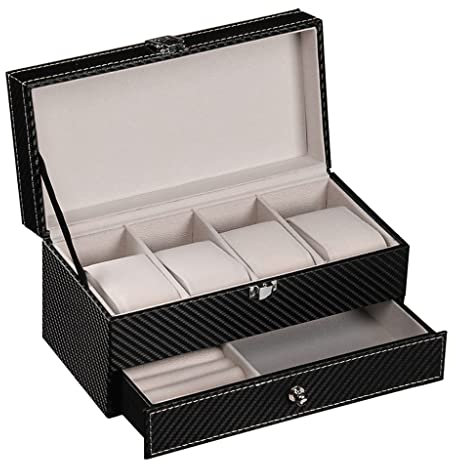BONOOL Uhrenbox, PU-Leder, Schmuck-Organizer, Reise-Vitrine für Herren/Damen, 4 Fächer, magnetische Oberseite, Schwarz (Farbe: D, Größe: 43 x 29 x 8,5 cm)