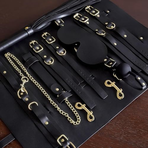 LEQC BDSM Restraints Sex Toys 8pc Bondage Restraints Set Fetish Bed Restraints Kits for Beginners,Leather Bondage Sexual BDSM Kit(Black)