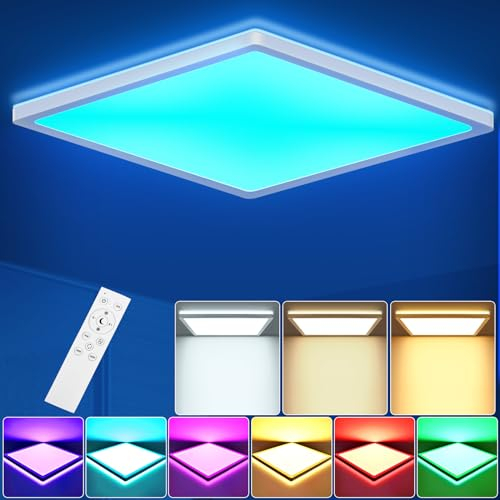 LEZOE RGB LED Plafón regulable 18 W 1800 LM Cambio de color Lámpara de techo LED con mando a distancia, 4000 K luz nocturna, 3000 K-6500 K Plafón cuadrado de 2,5 cm Ultra fino para sala de estar