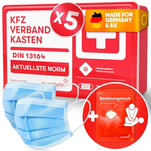 PURAHELP 5x KFZ Verbandskasten nach aktueller Norm 2025 DIN 13164 (StVO konform) - Inkl. Beatmungstuch, 2x Klettstreifen - Erste Hilfe Set Auto Verbandskasten 2025