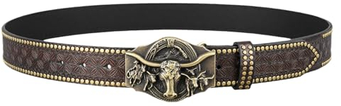 Surrycee Herren-Cowboy-Gürtelschnallen, Gürtel, Western-Rodeo-Cowboy-Nietengürtel, Longhorn-Bullenkopf-Schnallen, Herren-Western-Ledergürtel, 38 mm breit,Kaffee,110cm/waist:36~38