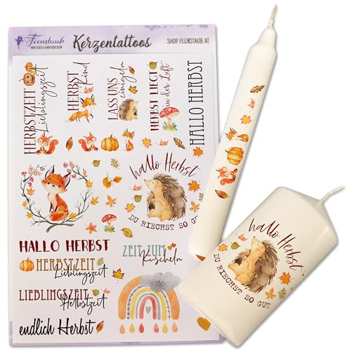 FEENSTAUB Kerzentattoos Herbst, Wasserschiebefolie Kerzen A5, Deko Herbst, Kerzensticker mit Herbstmotiven, Herbst Dekoration, Aufkleber für Kerzen, Kerzen dekorieren, Kerzen Tattoofolie Herbstzeit