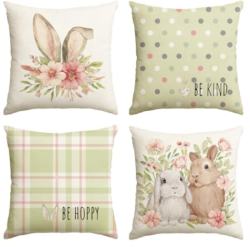 Artoid Mode Grün Hasenohren Hasen Blumen Ostern Kissenbezüge 4er Set, 50x50 cm Strifen Tupfen Frühling Zierkissenbezug Couch Wohnzimmer Deko