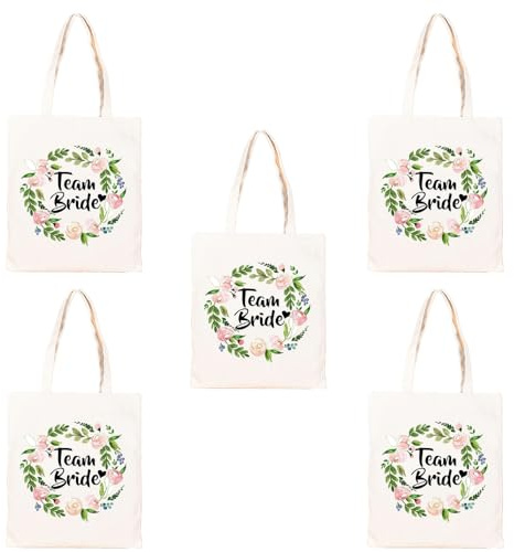 TRIXES 5er-Pack Team Bride Floral Canvas-Tragetasche – Essentials für die Hochzeit, den Junggesellinnenabschied, die Brautparty – 100% Baumwolle – 26 cm x 33 cm