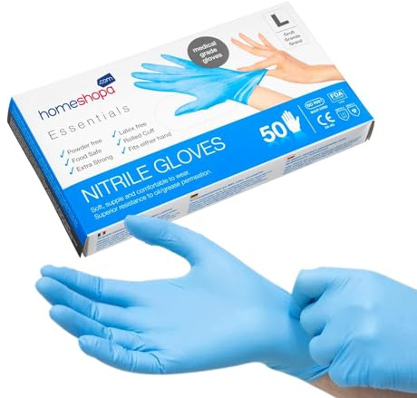 HOMESHOPA Disposable Nitrile Examination Gloves, 50 Pack Blue, Large, Powder Free, Latex Free, Medical Grade, Food Safe, Multipurpose, Non-Sterile Protective Extra Strong Surgical Gloves