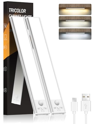 FLOWood Unterbauleuchte Küche Led, Schrankbeleuchtung mit Bewegungsmelder 24CM, 3 Farbmodi Dimmbar, 1500 mAh USB Aufladbar Led Lichtleiste für Schlafzimmer, Schrank, Kleiderschrank, 2 Stück
