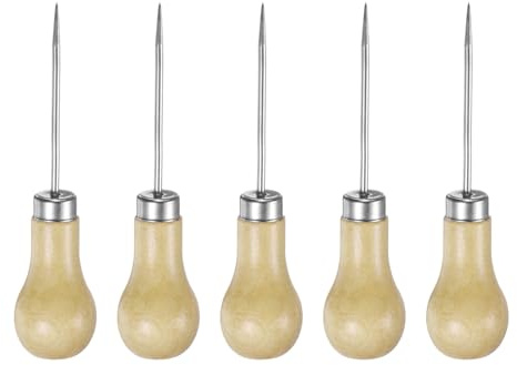 sourcing map 5pcs Handwork Sewing Awl Single Gourd Awl Leather Punch Hole Tool with Wooden Handle Scratch for Broken Wire Make Mark Drilling Stitching Repair and DIY Handmade, Log Color