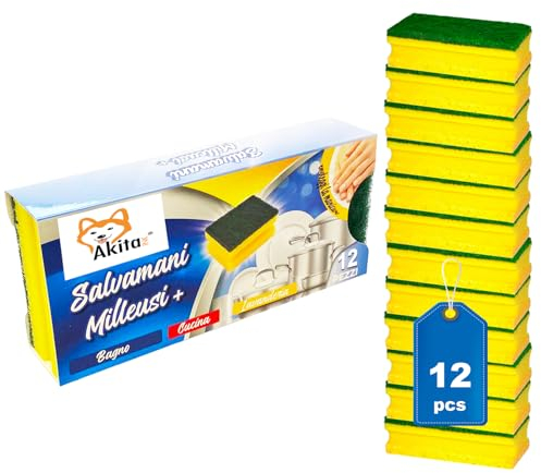 Akitaink Spugna piatti Abrasiva Antigraffio Salvadita, Spugna da Cucina Salvamani Assorbente, Spugne Delicate - Confezione da 12 pezzi - Ideale per Pentole Antiaderenti e Vetro