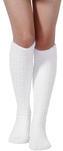 Moon Wood Kniestrümpfe Damen Thermo Korallen Fleece Knee High Socks Dicke Soft Knie Lange Socken Plüsch Beinwärmer Stulpen Damen 35-42 Weiß