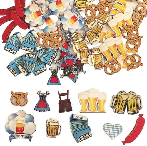 50 Stück Oktoberfest Deko,Bayrische Holz Streudeko Set für Party Tischdeko | Brezel Bier Konfetti Papier Accessoires,Bayerische Tischdeko Set Bierfest Dekoration Geschenke,für Oktoberfest
