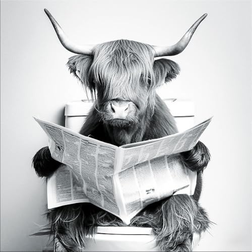 artissimo, Glasbild, 50x50cm, AG5584A, schwarz-weiß Foto: Hochlandrind mit Zeitung auf Toilette, lustige Tiere im Bad, Wanddekoration aus Glas, Wandbild modern