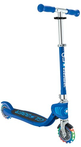 Globber Flow Junior hopfällbar sparkcykel för barn – säker åktur för 3-5 år, T-bar, batterifria LED-hjul, 2 hjul, halkfritt grepp – 2 års garanti (marinblå)