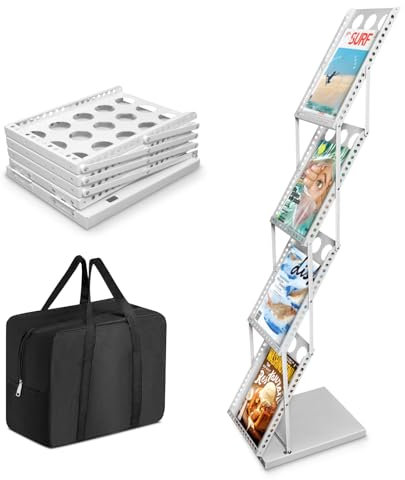 SUNDOY Faltbarer Zeitschriftenständer mit 4 Taschen, Magazinhalter & Broschüre Prospekthalter mit Tragetasche für Büro, Einzelhandel & Messe-Ausstellungen, Weiß