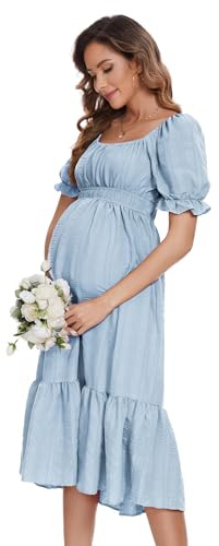 KOJOOIN Damen Umstandskleid Kurzarm Schwangerschaftskleid Midi Hohe Taille Stillkleid Mit Rüschen Hellblau(Kurzarm)-New M