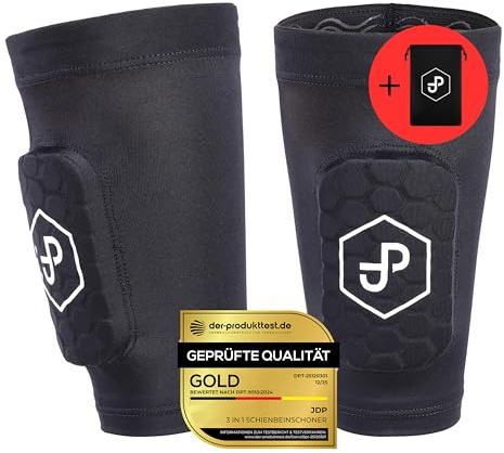 JDP Premium 3in1 Schienbeinschoner, Strumpf mit integriertem Schienbeinschoner Fußball, Schienbein Schoner inkl. Fußballstutzen Kids, Schienbeinschützer Kinder Fussball, Fußballschoner Größe S schwarz