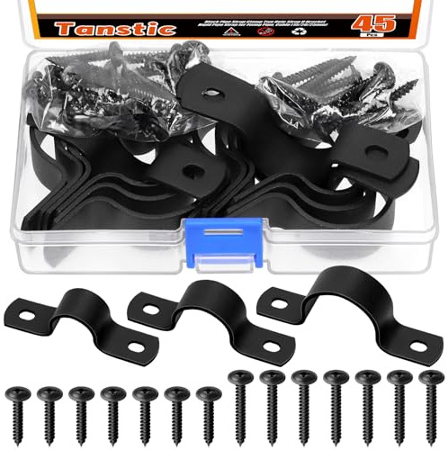 Tanstic 15Pcs Black Two Hole Pipe Strap, 3/4” 1” 1-1/4” Two Hole Strap U Bracket Rigid Pipe Strap Pipe Strap Clamp with Phillips Modified Truss Head Wood Screws for Fixing Pipe, Conduit, U Bracket