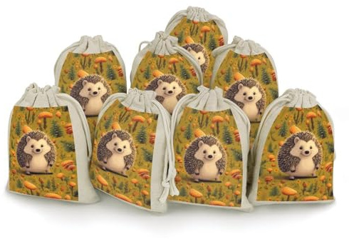 Geschenktüten mit Igel-Kordelzug, 8 Stück, Musselin-Beutel, Geschenkbeutel, Stoff-Geschenkbeutel, Jute-Geschenkbeutel, kleine Kordelzugbeutel für Weihnachten, Hochzeit, Party