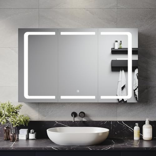 ELEGANT Illuminated Bathroom Mirror Cabinet with Shaver Socket Triple Door LED Bathroom Mirror Cabinet with Three color Modes Dimmable Smart Touch Switch Stainless Steel Storage Cabinet 1050x650mm