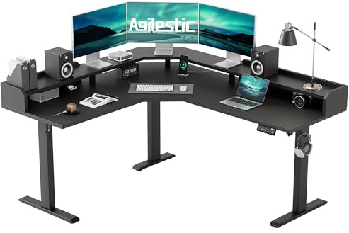 Agilestic - Escritorio de pie en forma de L, escritorio de esquina ajustable para juegos con estante, escritorio para estar sentado o de pie, mesa de computadora para oficina en casa de 160 x 140 cm