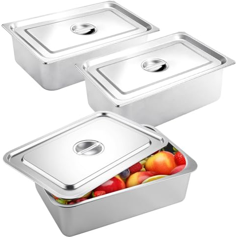 Lebensmittelschalen 3er Set Edelstahl mit Deckel, 32,5 x 17,5 x 6,5 cm, GN 1/3 Behälter, Speisebehälter Essens Behälter, für Warme & Kalte Speisen, Buffet Catering Hotelpfanne - Leicht zu Reinigen