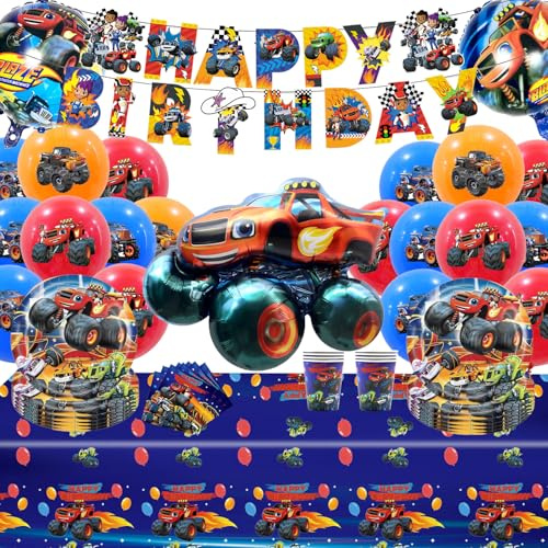 Monster Truck Palloncini, 85 Pezzi Addobbi Compleanno Tema MonSter Truck, Stoviglie Compleanno Monster Truck, Monster Truck Stoviglie, Set di Stoviglie per Feste di C-ompleanno Monster Truck