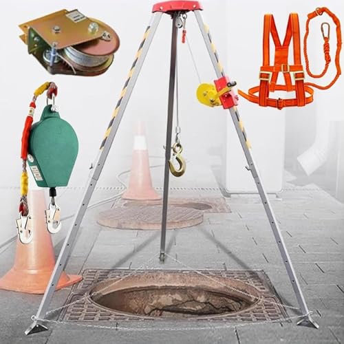 Confined Space Tripod Kit - Adjustable Sewer Lifting Tripod with Fall Arrest System, Winch & Cable for Safe Storm Manhole Access and Road Safety