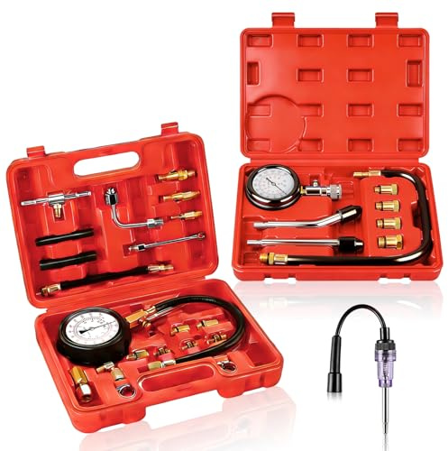 KOUTIANWU Kompressionsprüfer Set Kompressionstester Motor Kompression prüfen meßen Kfz M10 M12 M14 M18 0-20 bar & 0-300 psi (Fuel Pressure Test Kit+Compression Tester)