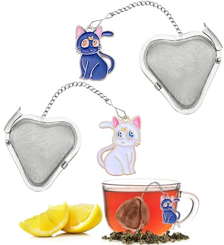 2PCS Tea Infuser Loose Tea Strainer, Heart Shaped Stainless Steel Tea Ball+Cute Cat Pendant Tea Strainer Ball Set (Black and White cat)