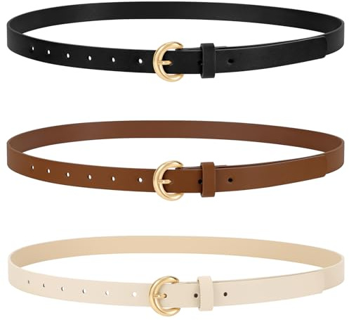 WERFORU 3 Pack Women Skinny Belt Thin Waist Belt for Women Leather Belt with Gold Buckle for Jeans Pants Dress