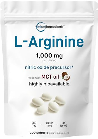 Micro Ingredients L-Arginine 1000mg with MCT Oil, 300 Softgels | Nitric Oxide Precursor* for Men & Women | Extra Strength Amino Acid Formula for Daily Wellness | Non-GMO, Gluten Free, No Soy