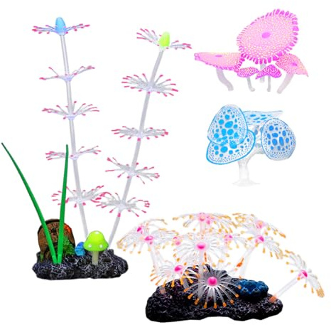 Kelisdi Dekorative Fluoreszenz-Korallen für sichere Aquarien, Umgebung, einfache Pflege für Süßwasser, Salzwasser, Aquarien, Wasserpflanzen-Set, 4 Stück