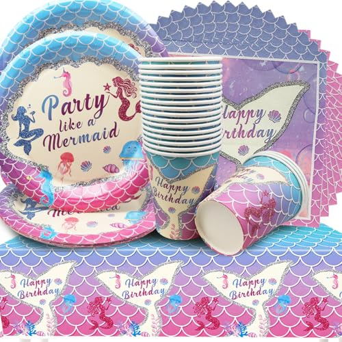 61Stk Dient für 20 Gäste Meerjungfrau-Partygeschirr Set, Partyzubehör für Mädchen Geburtstag Tischdeko Meerjungfrau[Teller, Tasse, Tischdecke,Servietten]