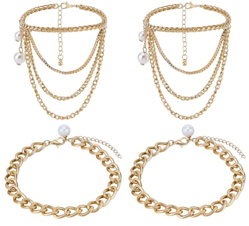 PH PandaHall 4pcs Multi-Layered Tassel Anklet 2 Styles High Heel Anklet Chains Golden Foot Chain Punk Cable Chain Anklets with Pearl for Women Shoes Decor Jewelry Accessories, 18-23cm