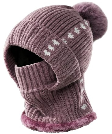 TAGVO Herzförmige Strickmütze und Schal mit Kapuze Damen, 3 in 1 Winter Winddicht Thermo Beanie Strickmütze mit Weichem Fleece Innenfutter, Sturmhaube Gesichtsmaske mit Halswärmer für Outdoor Wandernd