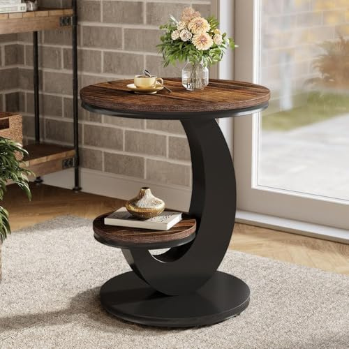Tribesigns Beistelltisch rund, 2-Tier Schmal Couchtisch, Sofatisch Nachttisch mit Holz-Metall-Bogengestell, Industrie-Design für kleine Räume, Wohnzimmer, Schlafzimmer, Braun (1 Stück)