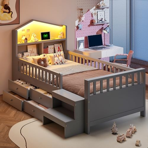 RIAZOS Kinderbett 90 x 200 cm, Kopfteil mit LED, Einzelbett mit USB Type C Ladestation, mit 4 Schubladen und Schritten, Massivholzbett mit Lattenrost, Einzelbett, Grau, ohne Matratze