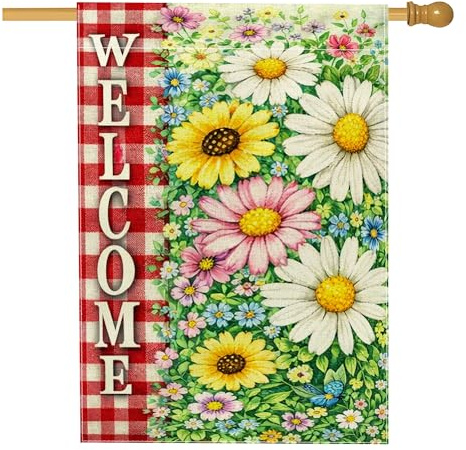 Bandiera per casa con crisantemo, fiore di girasole rustico primaverile verde primavera doppia tela esterna grande bandiera da giardino per esterni, prato, cortile, patio, ingresso 71 x 101 cm