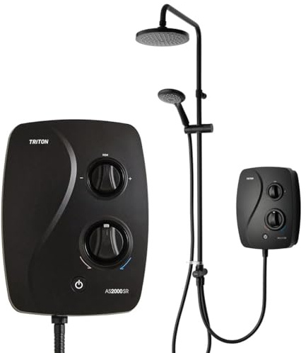 Triton Showers | AS2000SR DuElec | Power Shower | Black | Rainfall Shower Head | Black Thermostatic Shower | Power Shower Head | Quiet Pump | Dual Shower Heads