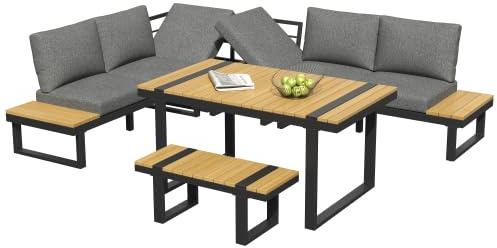 kozamas Gartenmöbel Set 6-7 Sitzer Lounge-Sofa mit großem Tisch, hochwertige Sitzkissen wetterfest & UV-beständig für Balkon Terrasse Garten, Grau