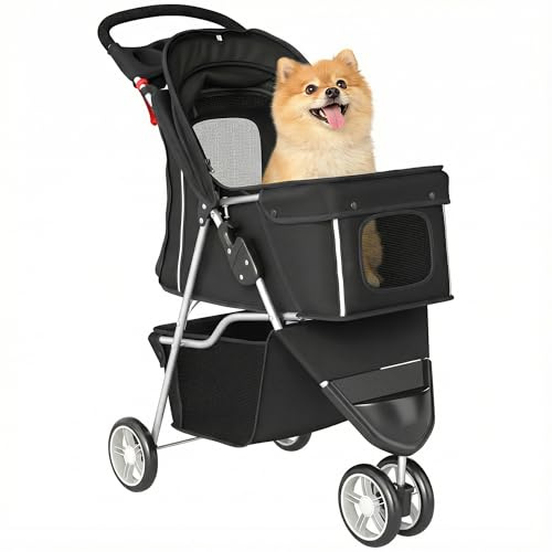 PawHut Carrito para Perros Plegable, Cochecito para Perros Pequeños con Cesta de Almacenaje, Ventanas de Malla, Portavasos y Ruedas, Carga 10 kg, 77x44x102 cm, Negro