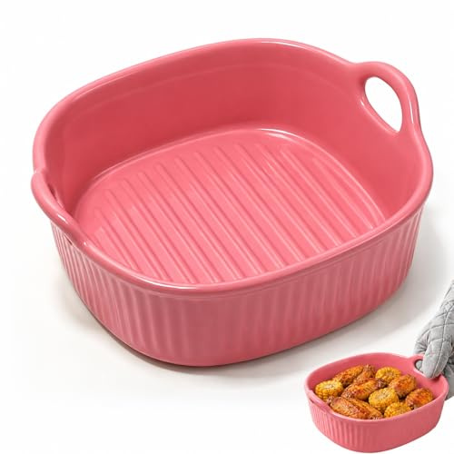 Pirofila in ceramica per friggitrice ad aria calda, teglia da forno in ceramica con manici, teglia per lasagne, teglia rotonda in ceramica per forno, forno a microonde (rosa)